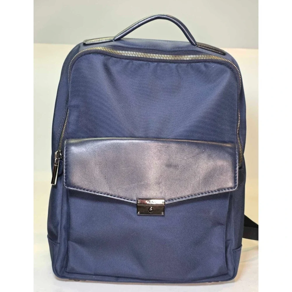 TUMI Larkin Laurel Backpack Navy Blue Nylon Leather PC Travel Zip‎ Pockets Bag